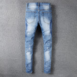 Men patchwork light blue ripped jeans