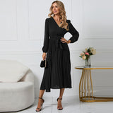 New long sleeve slim pleated belt V-neck dress A line skirt