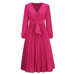 New long sleeve slim pleated belt V-neck dress A line skirt