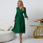 New long sleeve slim pleated belt V-neck dress A line skirt