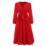 New long sleeve slim pleated belt V-neck dress A line skirt