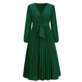 New long sleeve slim pleated belt V-neck dress A line skirt