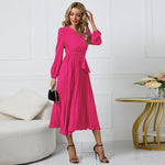 New long sleeve slim pleated belt V-neck dress A line skirt