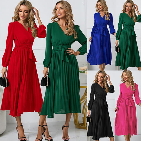 New long sleeve slim pleated belt V-neck dress A line skirt