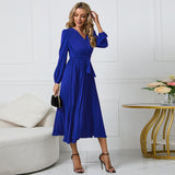 New long sleeve slim pleated belt V-neck dress A line skirt